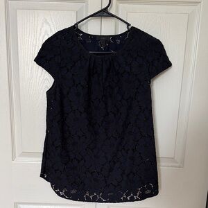 J. Crew Navy Floral Lace Short Sleeve Shell